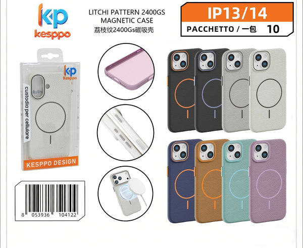 Custodia per iPhone 13 / 14 – magnetica, con trama litchi
