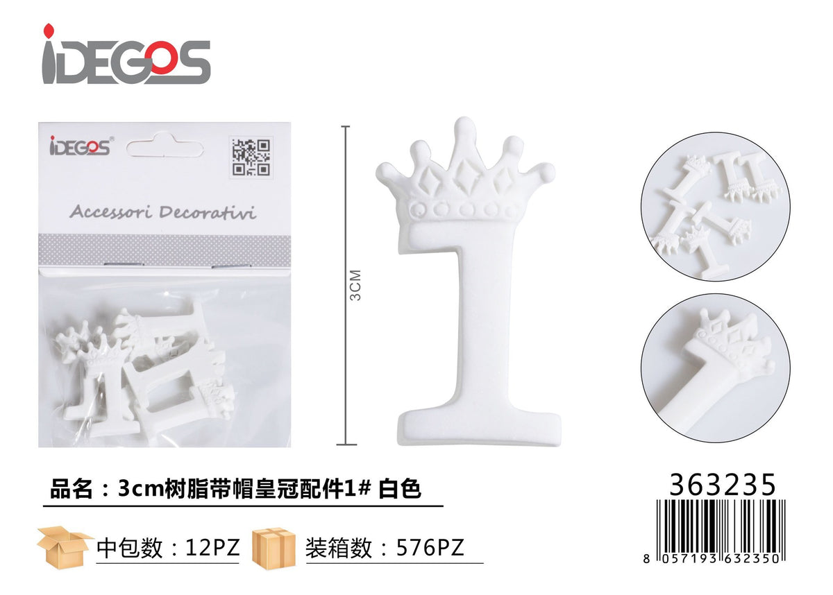Decorazione Numero coronato in resina, bianco, 3 cm