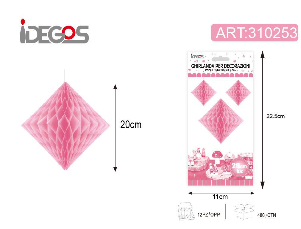 Decorazione in carta a nido d’ape rombo rosa 1 pezzo