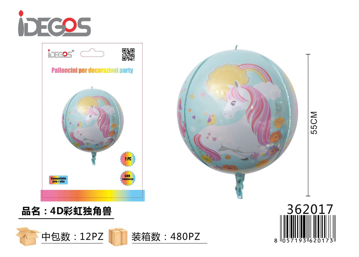Palloncino foil sferico Unicorno 4D