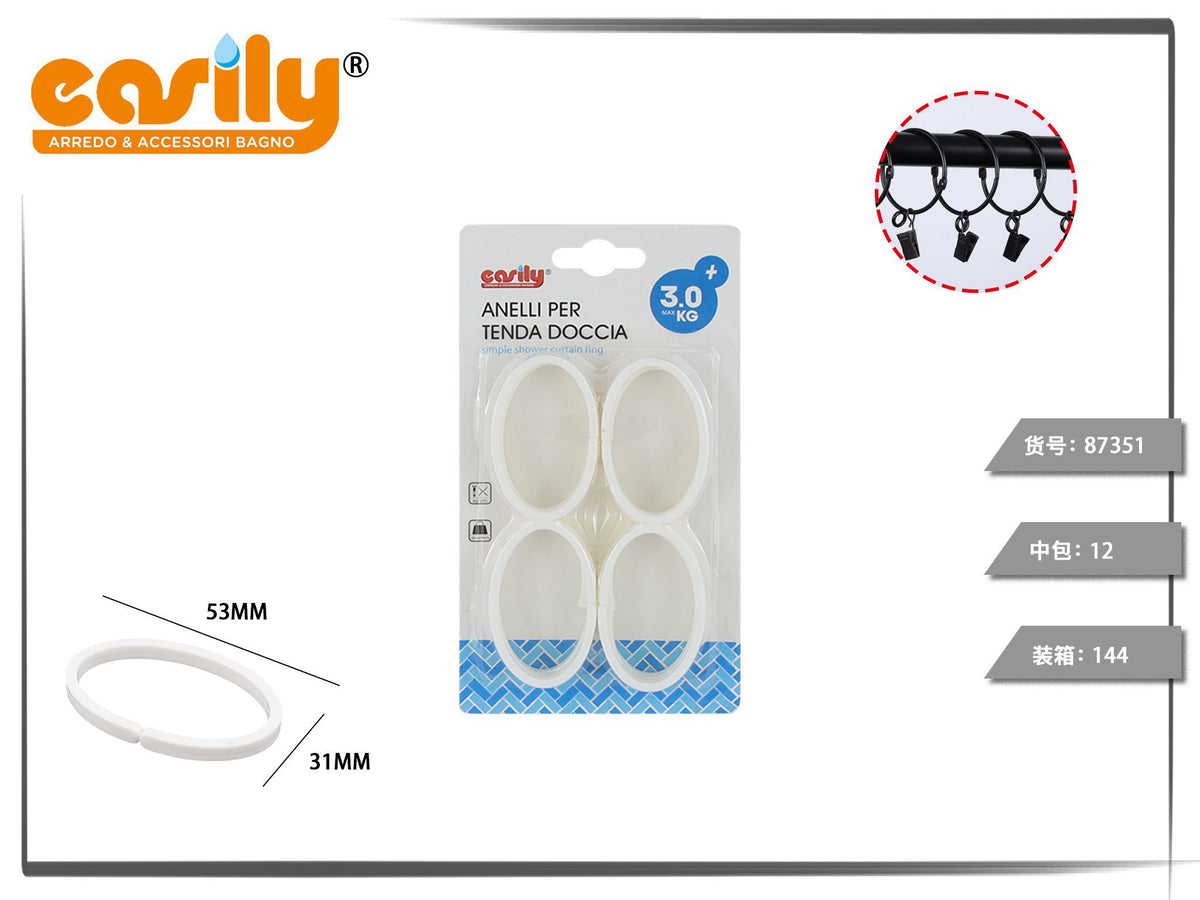 Set di 4 anelli ovali bianchi per tenda doccia, 53 × 31 mm