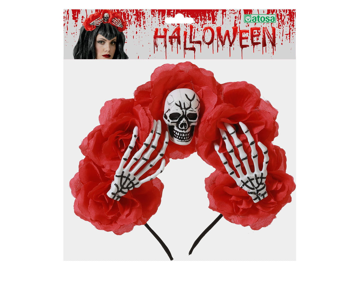 Cerchietto Halloween con rose rosse e teschio
