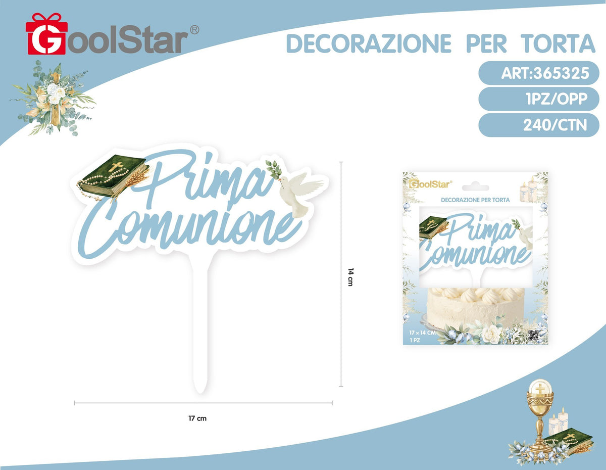 Decorazione in acrilico per torta prima comunione celeste