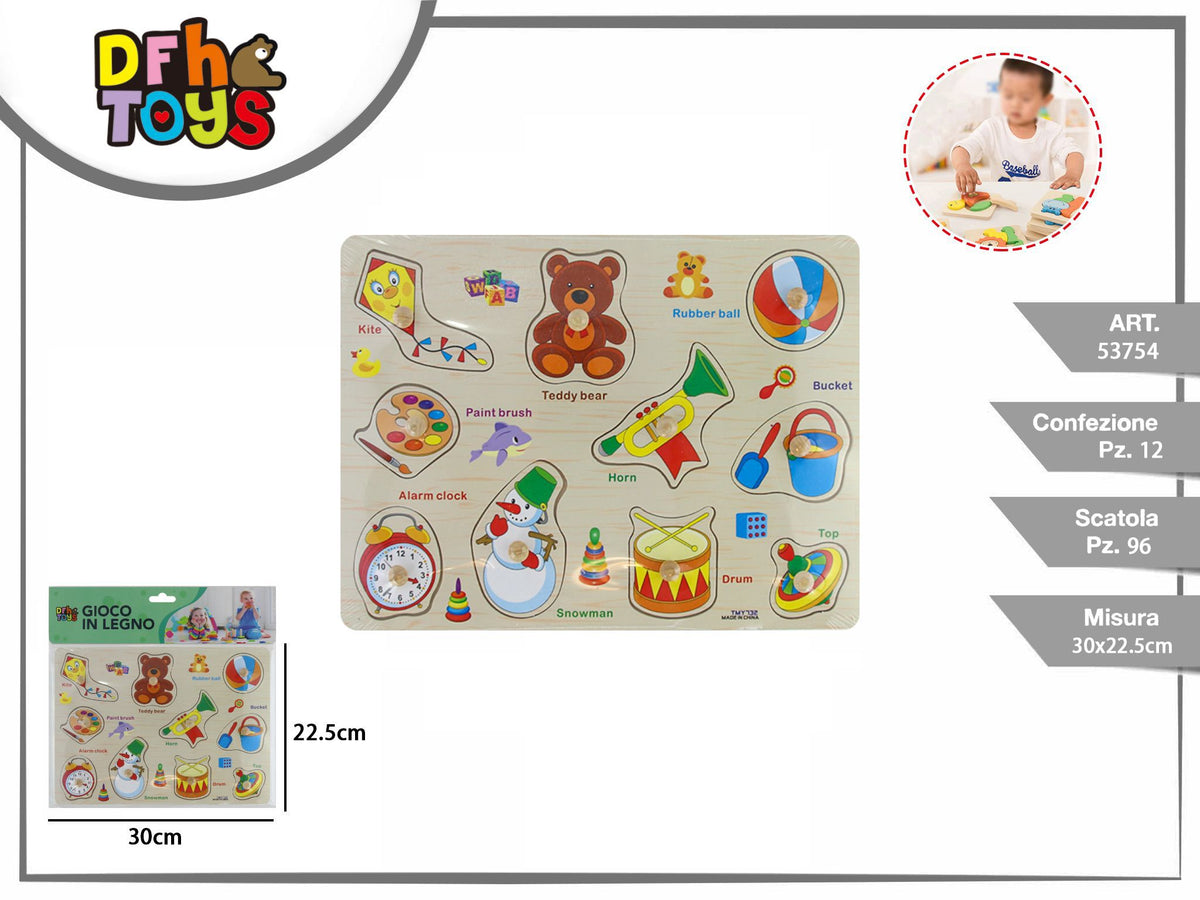Puzzle in legno con pomelli e giocattoli illustrati