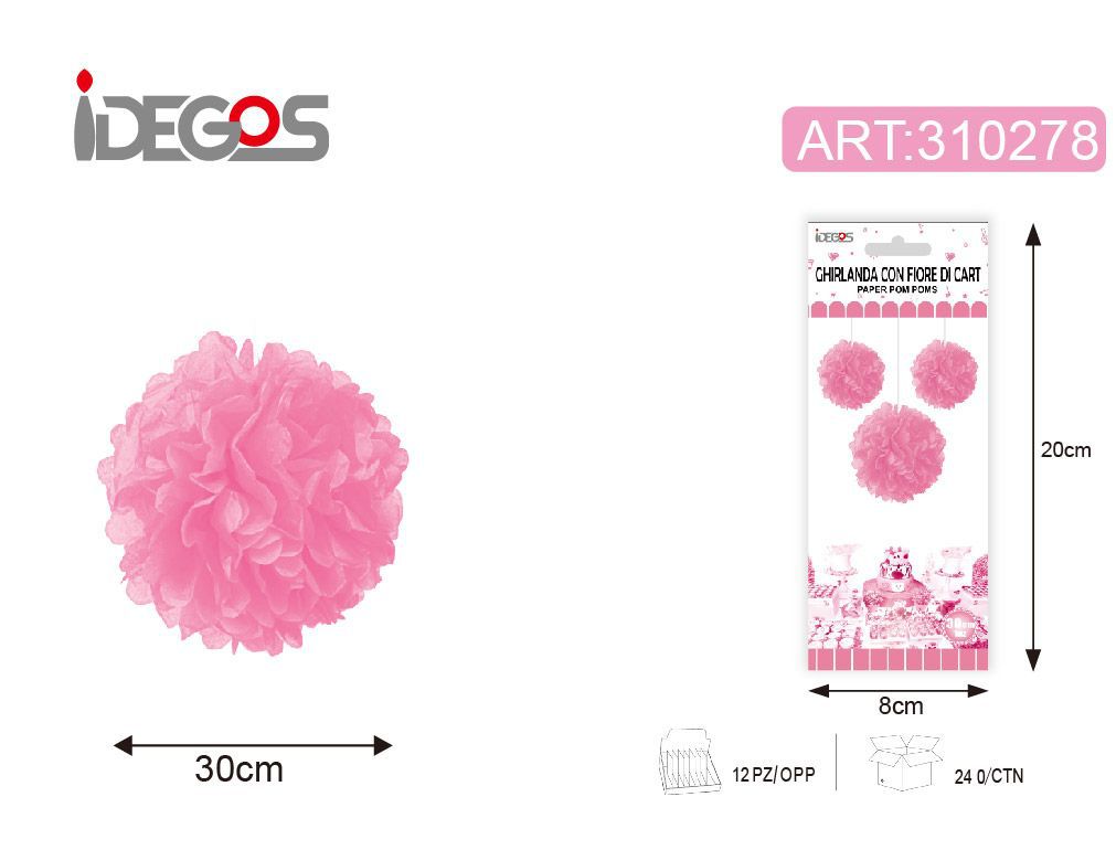 Decorazione floreale in carta, rosa, 30 cm