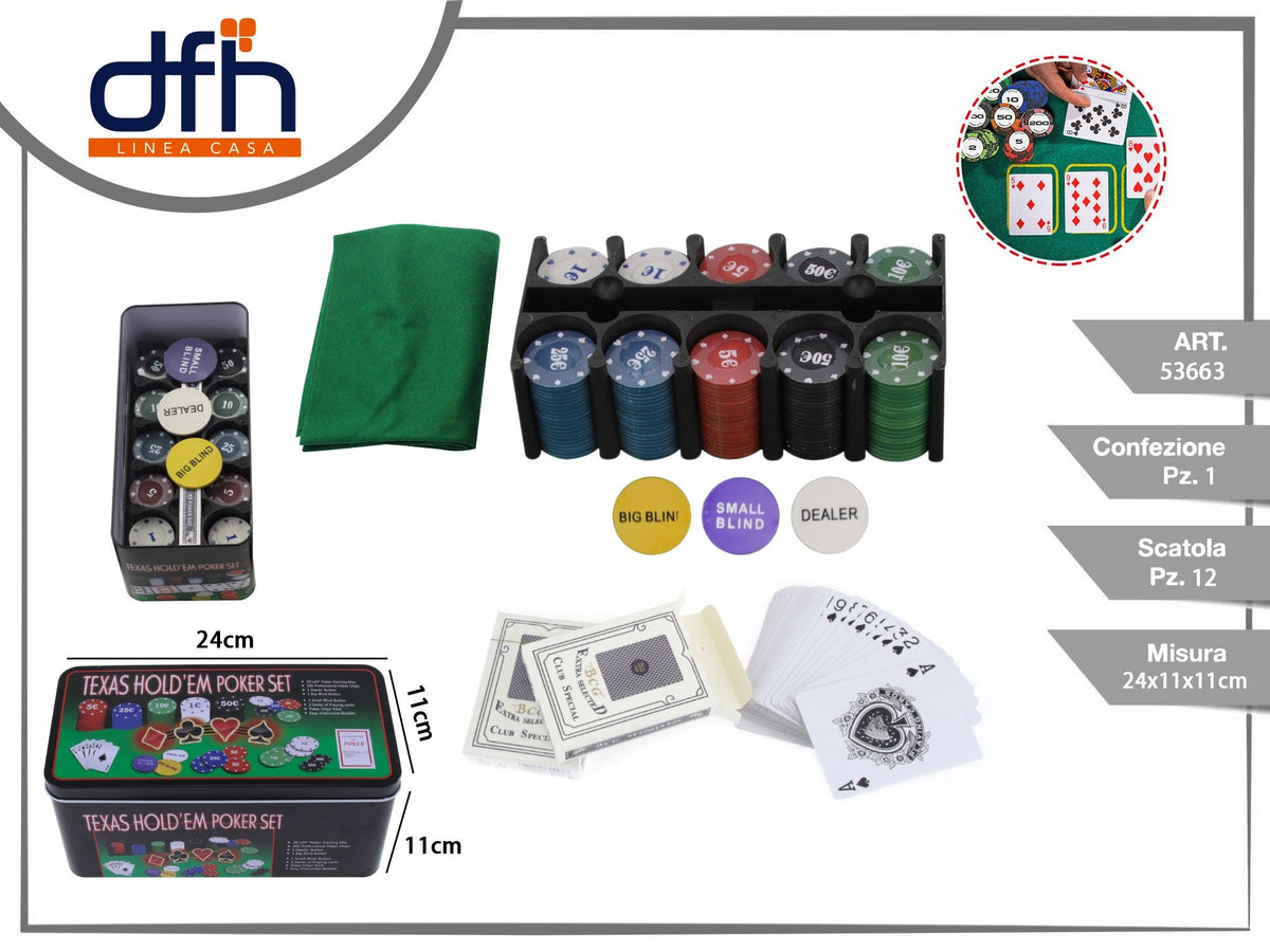 Set poker con 200 fiches in scatola metallica