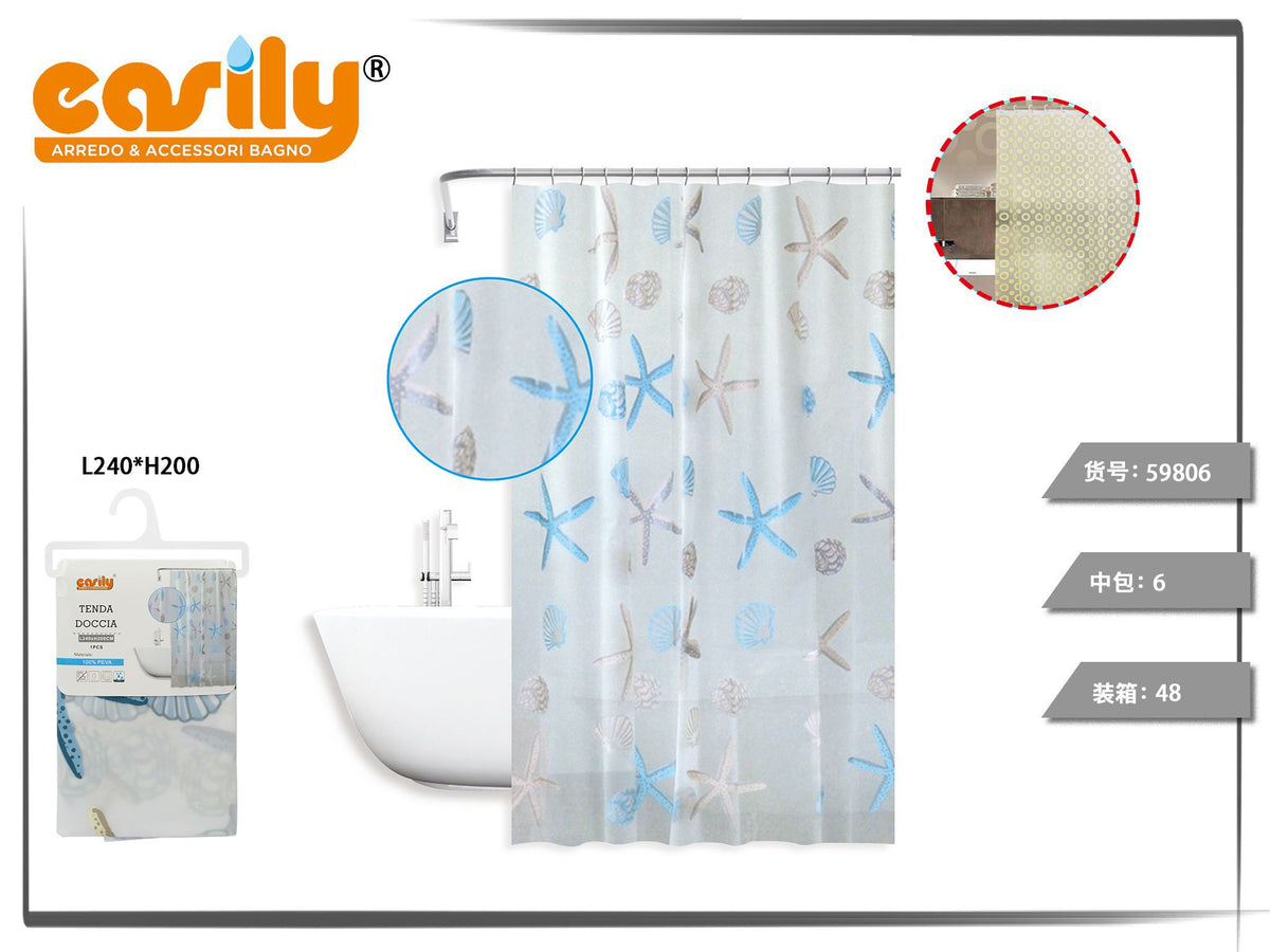 Tenda doccia in PEVA con stelle marine e conchiglie, 240 × 200 cm