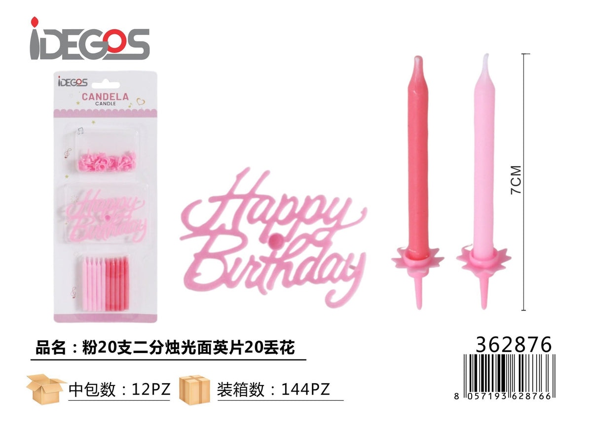 Candeline Happy Birthday rosa pastello, 20 pezzi