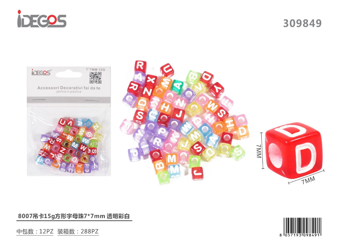 Perline cubiche con lettere, 7 x 7 mm, 15 g