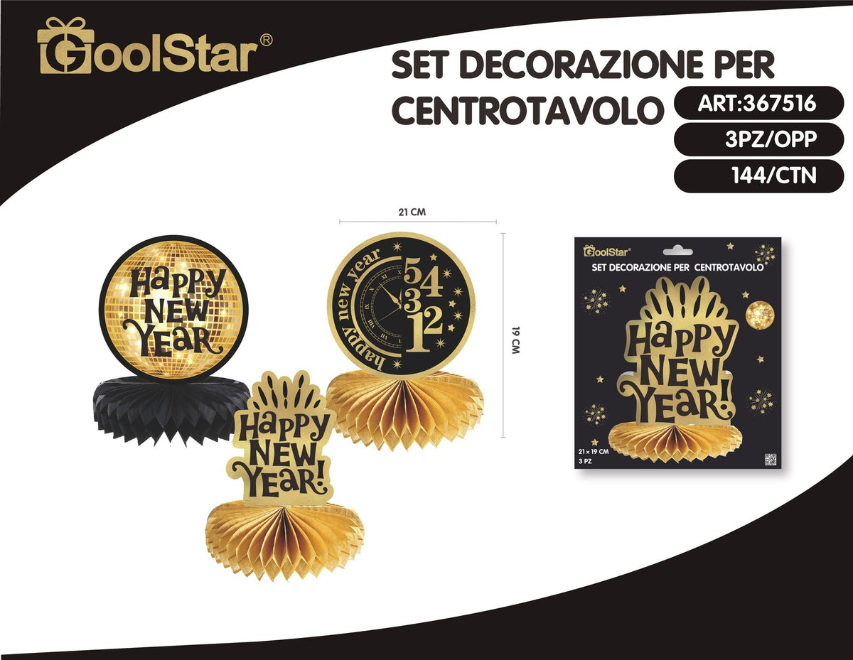 Centrotavola a nido d’ape Happy New Year con orologio, 3 pezzi