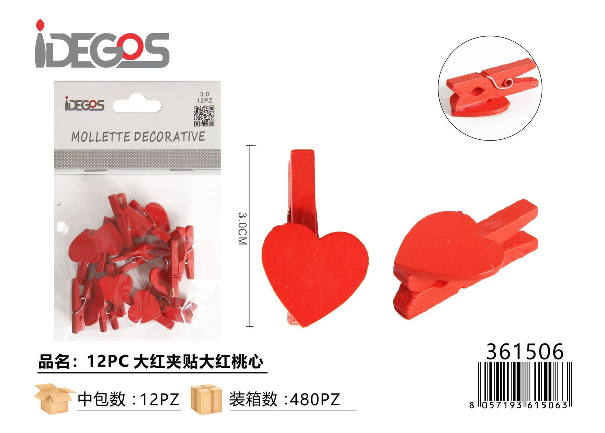 Mollette decorative con cuori rossi, 3 cm, 12 pezzi