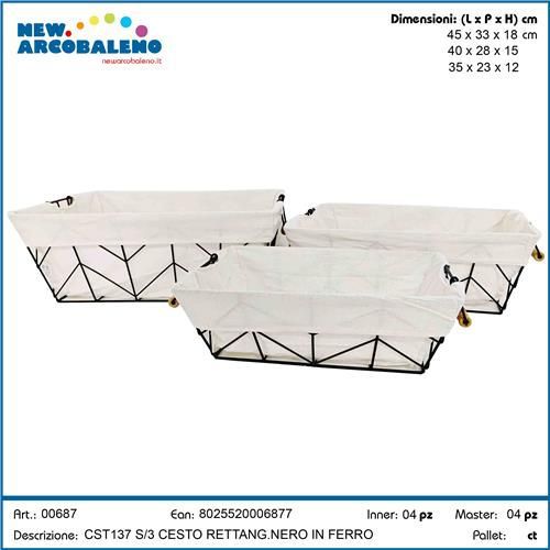 ARCOBALENO SET 3PZ CESTO RETTANGOLARE IN FERRO NERO