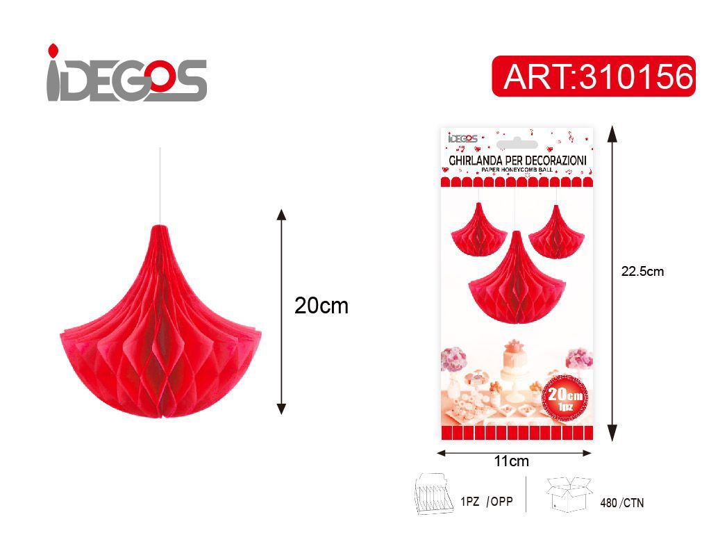 Decorazione in carta a nido d’ape, goccia, rosso