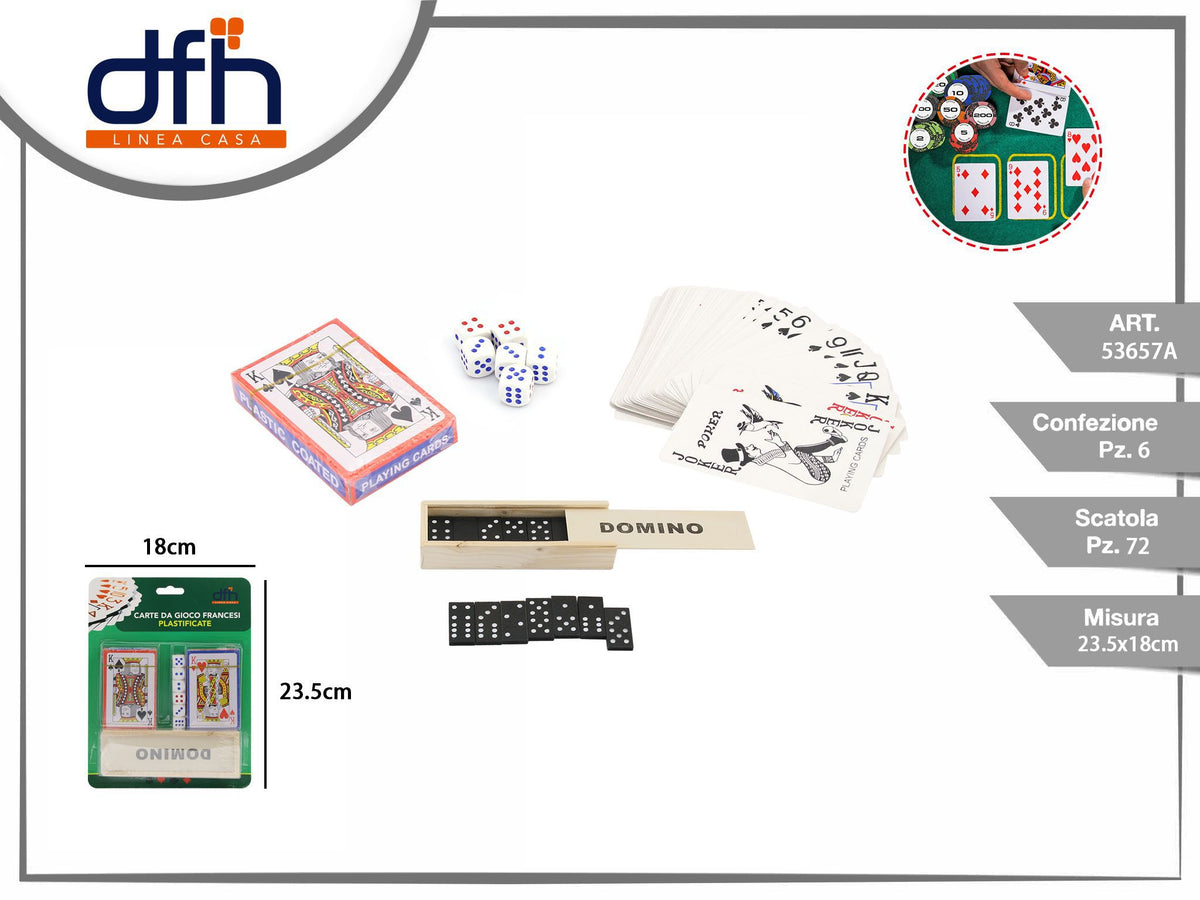 Set carte francesi con dadi e domino