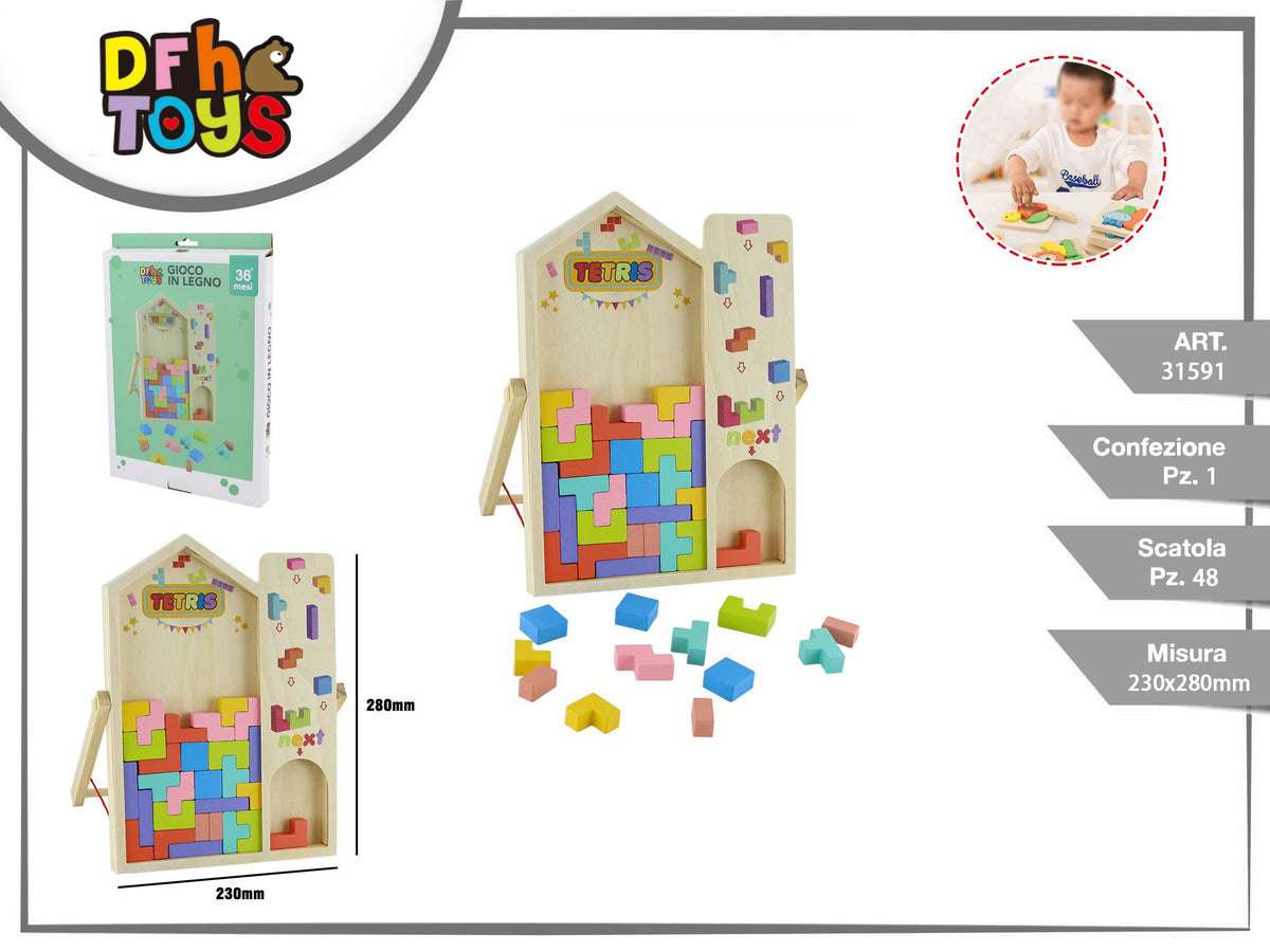 Gioco in legno con blocchi geometrici colorati