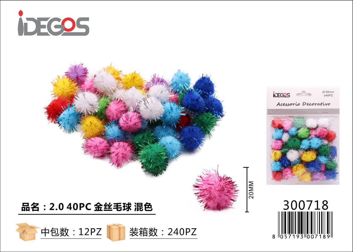 Set di 40 pompon decorativi con fili dorati, colori assortiti