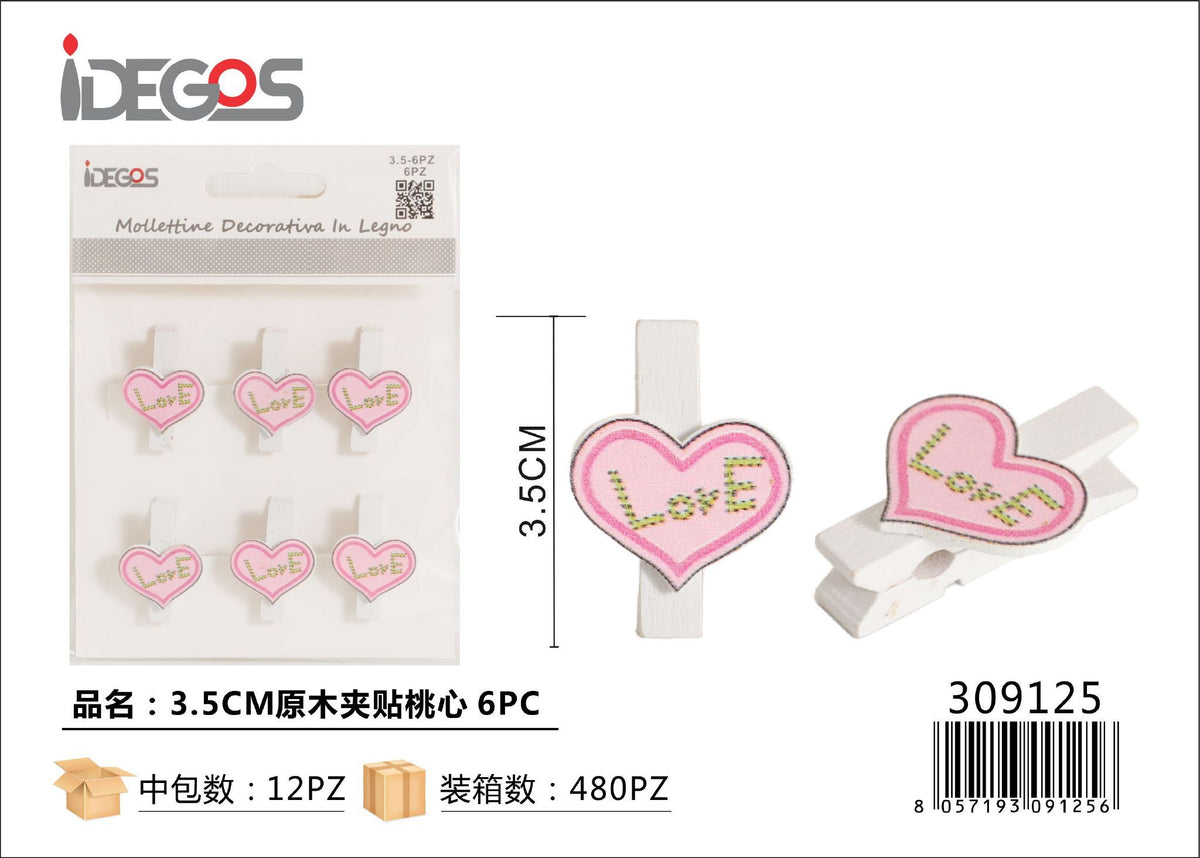 Mollette decorative con cuori rosa Love, 3,5 cm, 6 pezzi