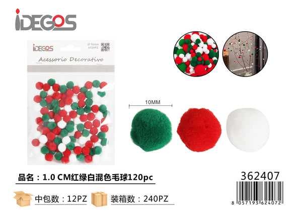 Pompon decorativi rossi, verdi e bianchi assortiti