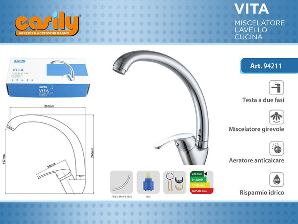 Miscelatore da cucina VITA con bocca curva