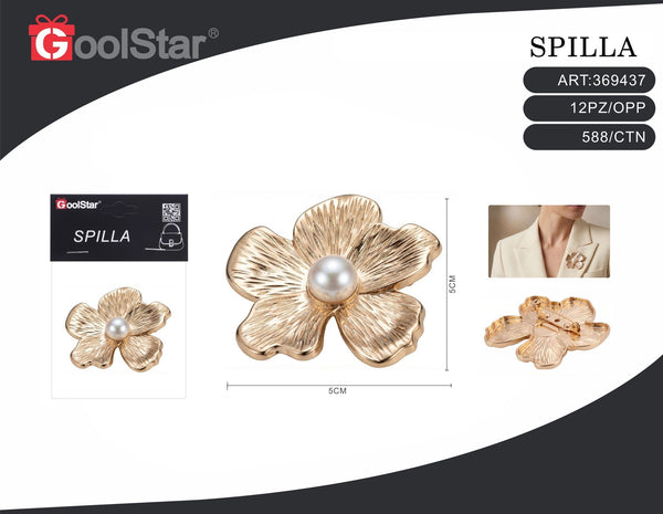 Spilla a fiore dorato con centro perlato, 5 × 5 cm