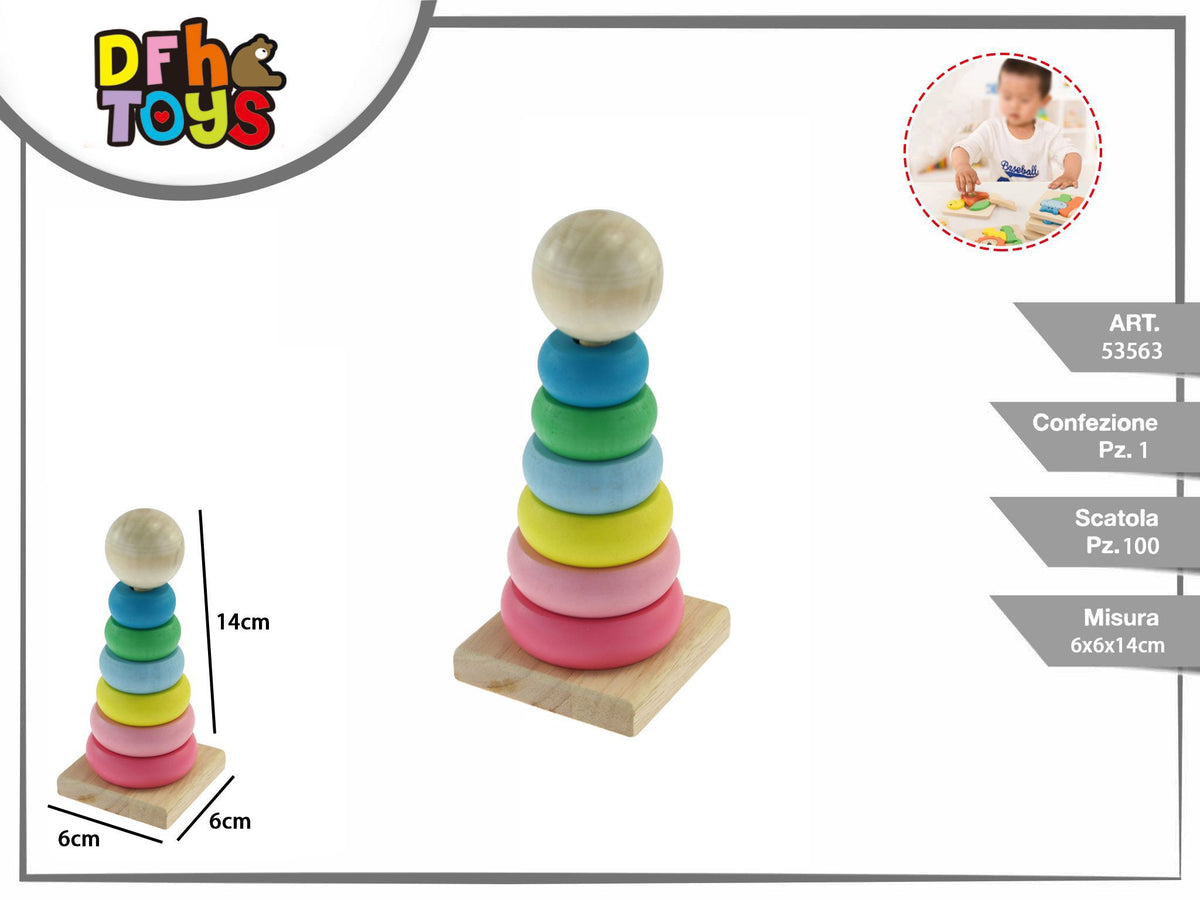 Torre impilabile in legno con anelli colorati, 14 cm