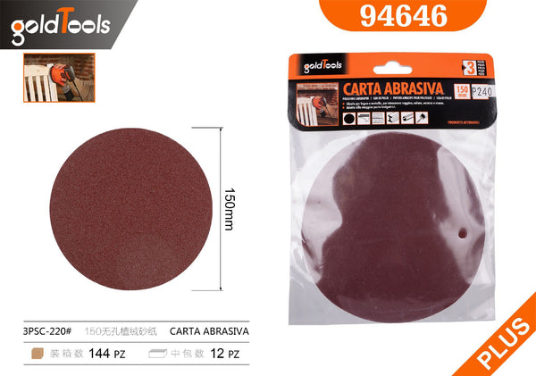 Carta abrasiva senza fori, grana 220, formato 150, 3 pezzi