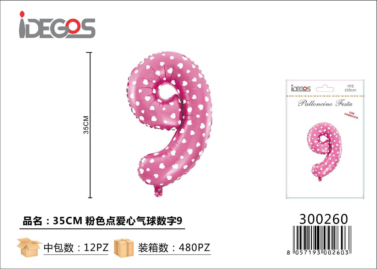 Palloncino Numero 9 Puntini Cuore Rosa 35cm