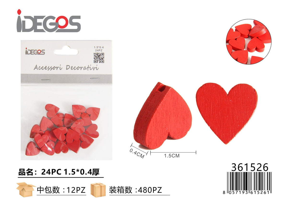 Set di 24 cuoricini decorativi in legno, rosso