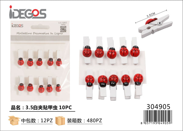 Mollette bianche con coccinelle, 3,5 cm, 10 pezzi