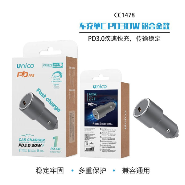 CC1478 Caricabatteria Auto 1 Porta Type-C PD30W Guscio Metallo