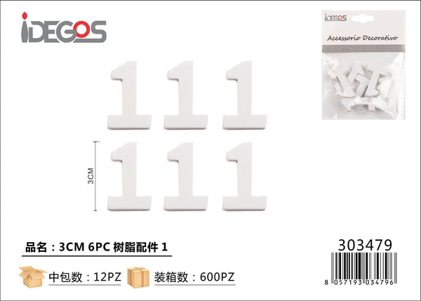 Set di 6 decorazioni Numero 1 in resina, 3 cm