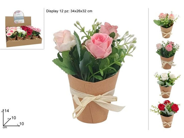 Roselline artificiali in vasetto con fiocco, 14 cm