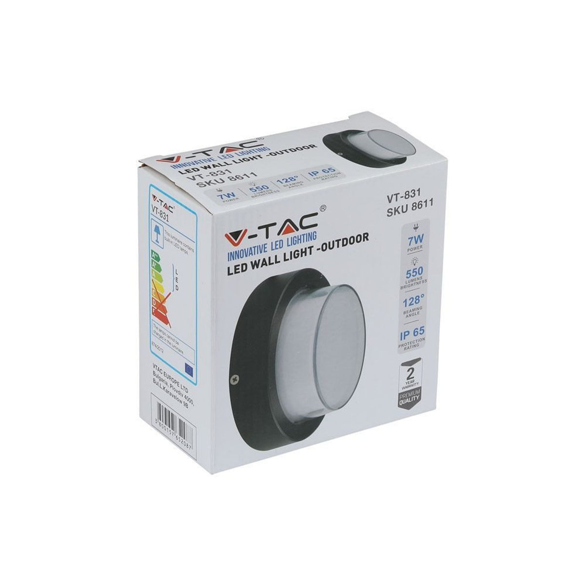 Applique LED V-TAC rotonda 7 W 3000 K nera con diffusore IP65