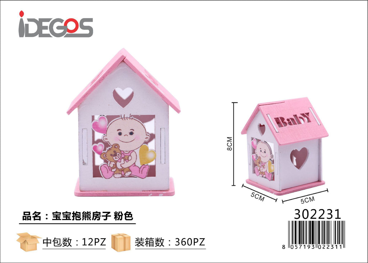 Decorazione con bambino, orsetto e casetta, rosa