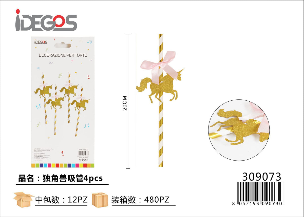 Cannucce decorative di carta con unicorno, 4 pezzi