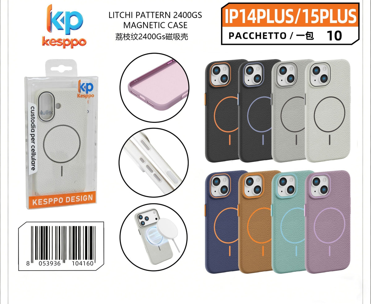 Custodia per iPhone 14 Plus / 15 Plus – magnetica, con trama litchi