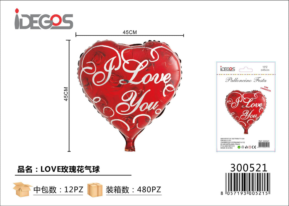 Palloncino foil a cuore Love con rose, 45 cm