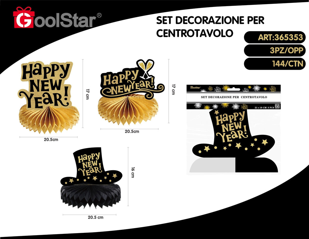Centrotavola a nido d’ape Happy New Year con cappello, 3 pezzi