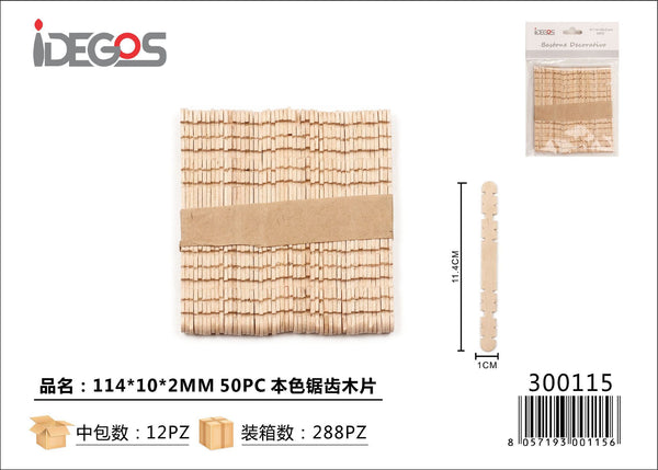 Set di 50 bastoncini dentellati in legno naturale, 114 x 10 x 2 mm
