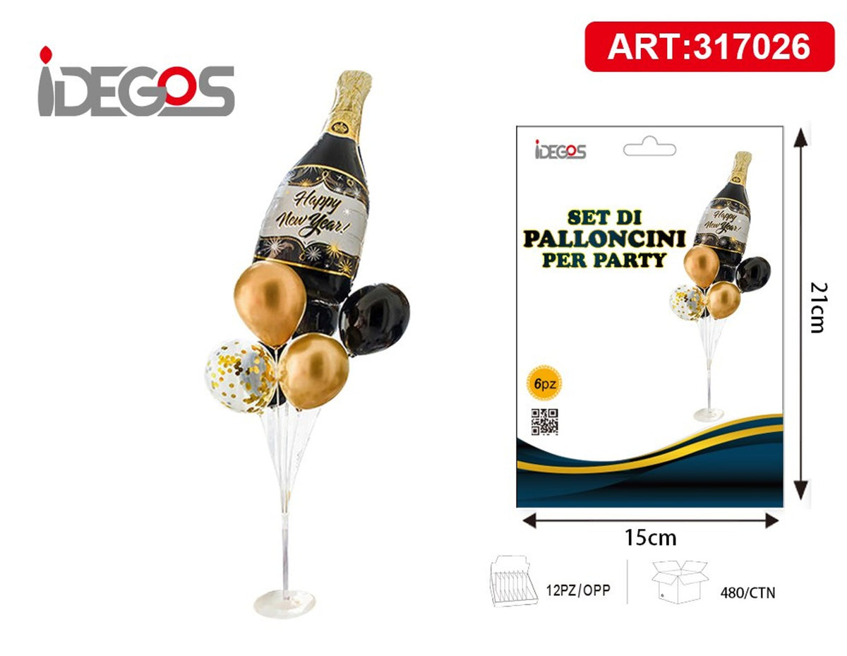 Set palloncini Happy New Year con bottiglia, 6 pezzi