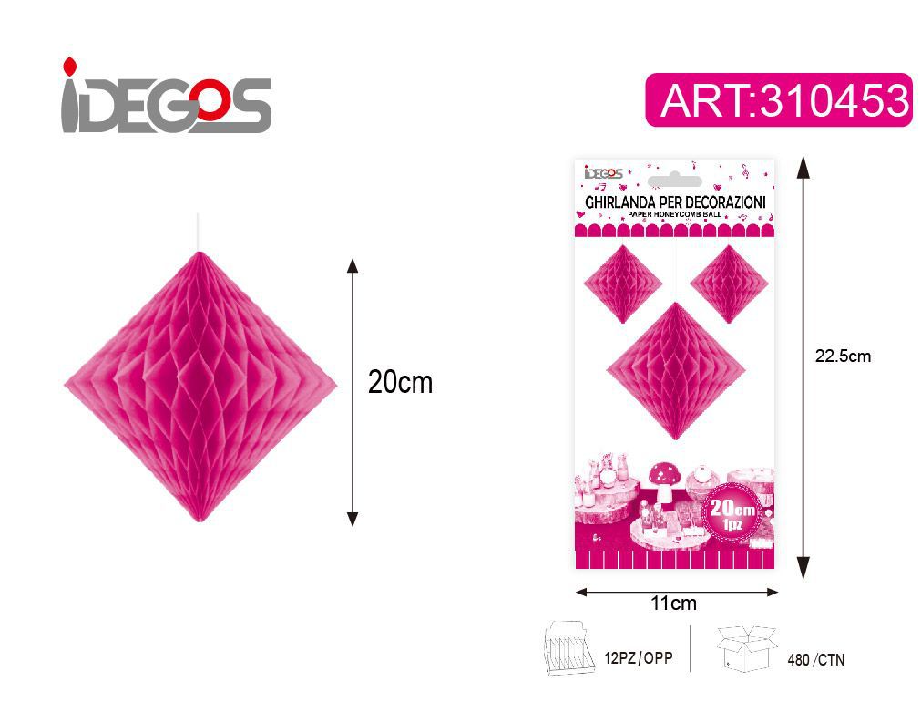 Decorazione in carta a nido d’ape, rombo, magenta