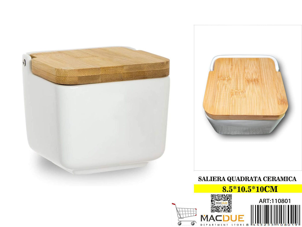 SALIERA QUADRATA CERAMICA COPERCHIO LEGNO
