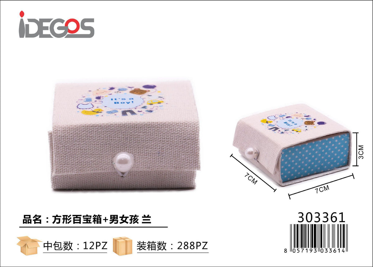 Scatolina a bauletto quadrato con tessuto e motivo bambini, celeste