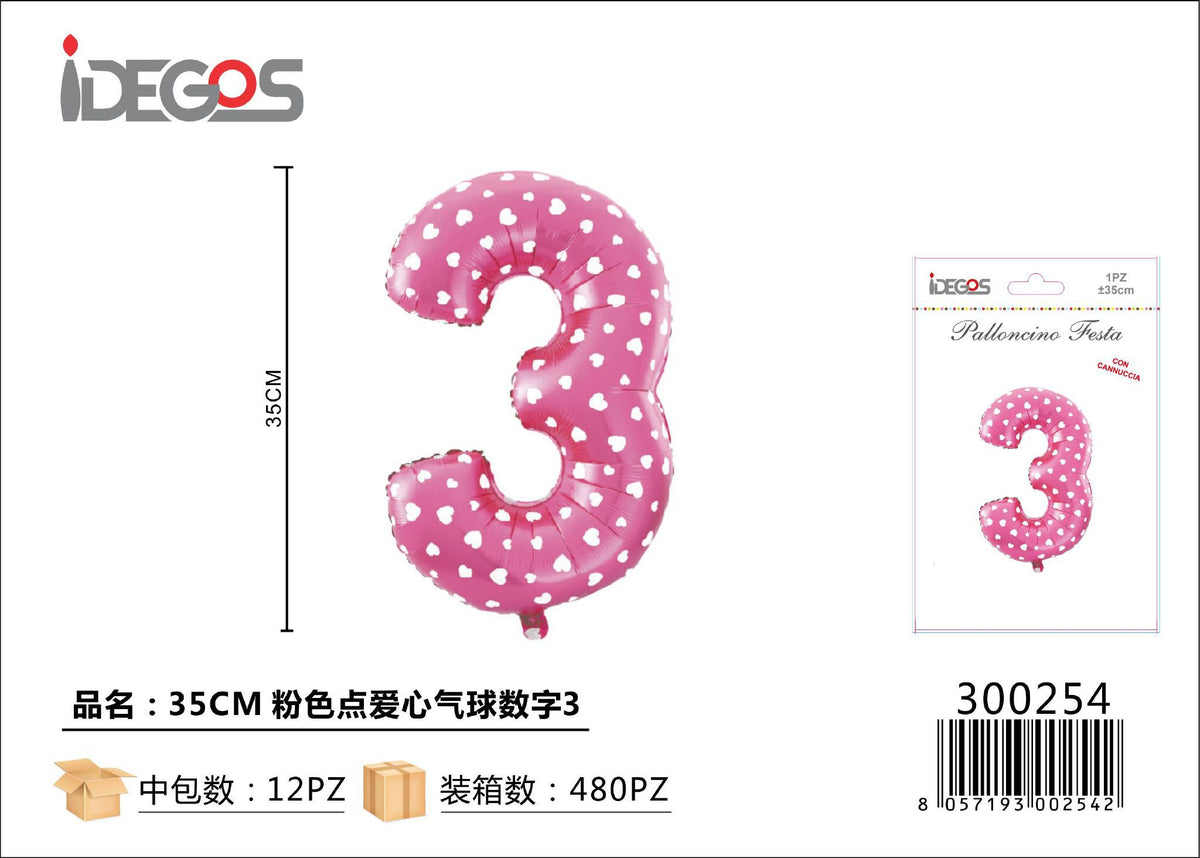 Palloncino Numero 3 Puntini Cuore Rosa 35cm