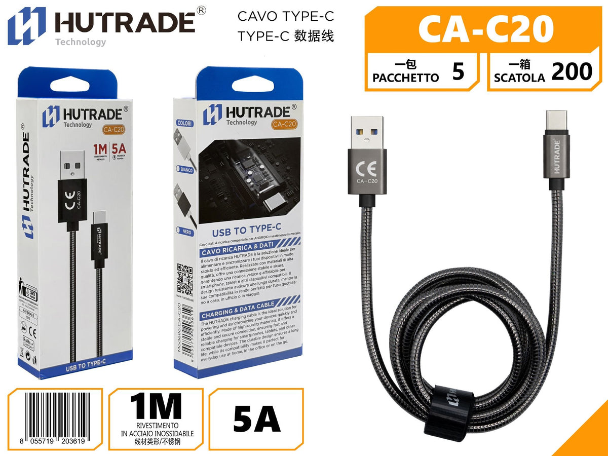 Cavo USB-A/USB-C HUTRADE CA-C20, 1 m, 5 A, nero