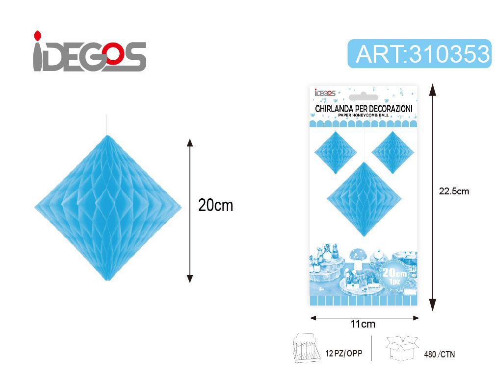 Decorazione in carta a nido d’ape rombo azzurro