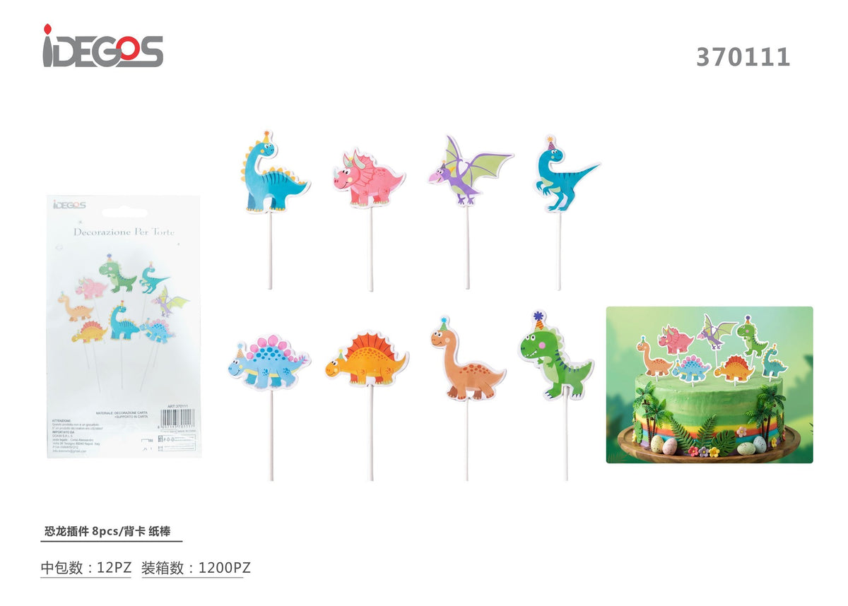 Decorazioni per torta Dinosauro con bastoncini di carta, 8 pezzi