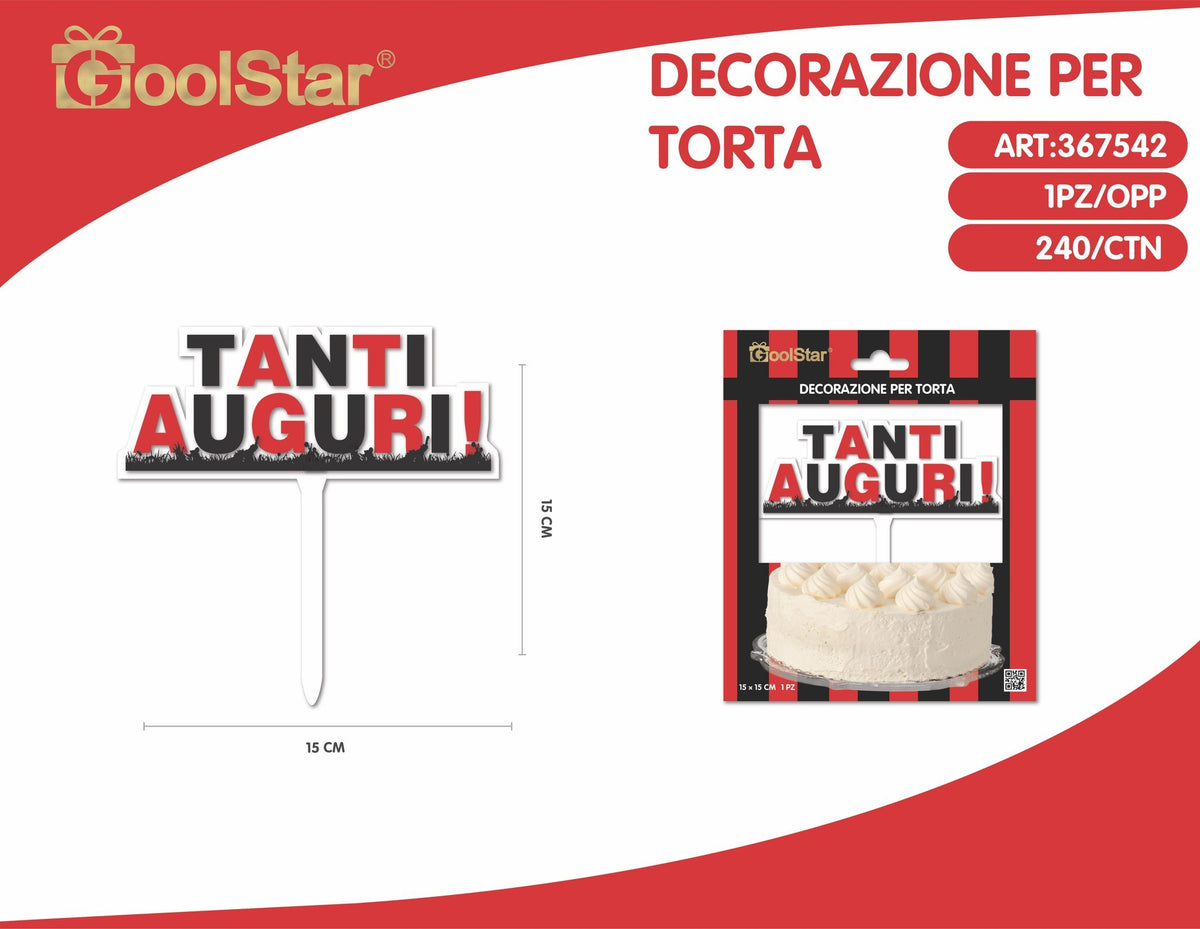 Decorazione in acrilico per torte tanti auguri, calcio rosso e nero