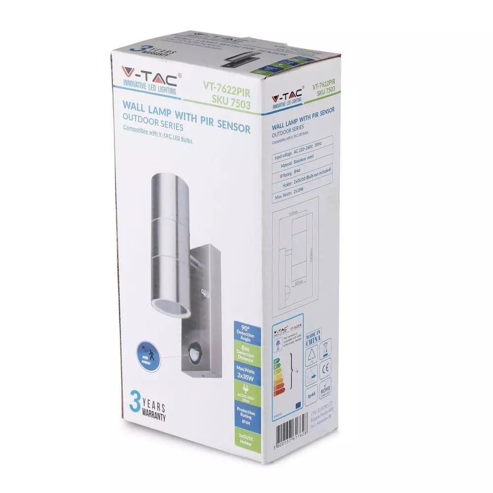 Applique V-TAC in acciaio con due GU10 e PIR IP44