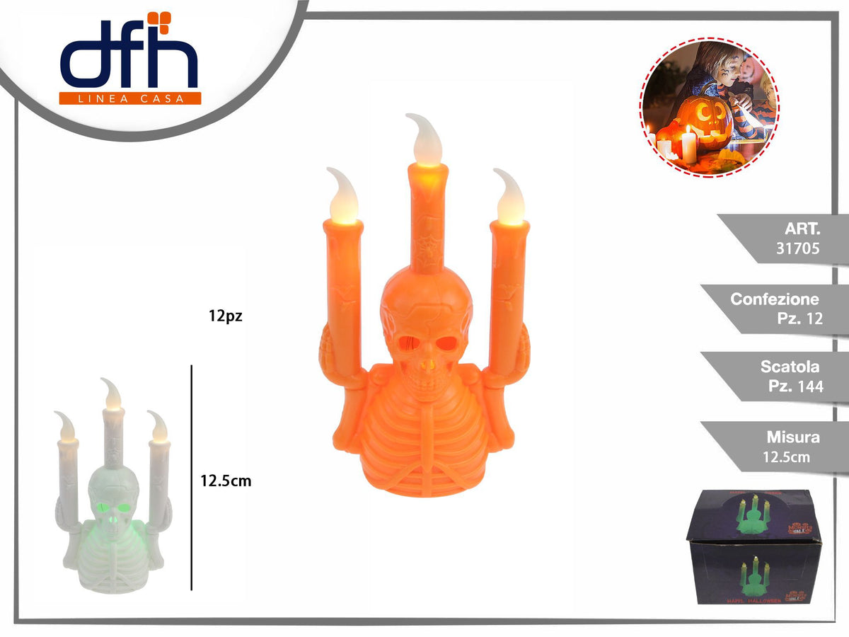 Decorazione luminosa scheletro con tre candele, 12,5 cm